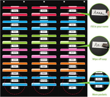 REGELETO 36 Pockets File Storage Pocket Chart with 36 Nametag Pockets, Hanging Wall File Organizer for Classroom and Office, Organize Your Assignments, Files, Scrapbooks, Paper (Black-36 Pockets)