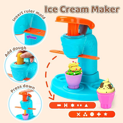 70 PCS 4 in 1 Dough Sets for Kids Ages 3-4-8, Art Crafts Dough Tools Kit, Ice Cream Playset Noodle Hamburger Cake Maker Machine, Kitchen Creations Food Play Toys Toddlers Boy Girl