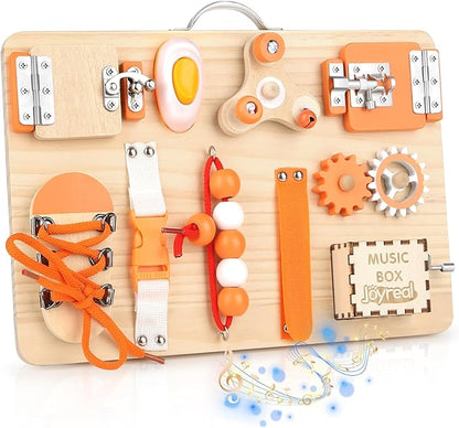 Joyreal Wooden Busy Board for Toddlers - Montessori Sensory Activity Board for Fine Motor Skills, Educational Travel Sensory Toys for Children Toddlers & Kids