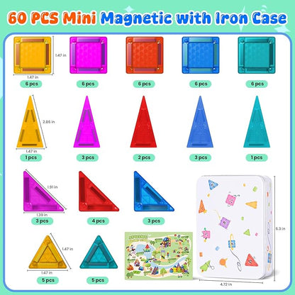 Mini Magnetic Tiles with Iron Case, 60 Pcs Travel Magnetic Toys Set, Magnet Building Block Set, Magnatiles for Toddlers 1-3, Travel Toys for Kids Ages 3+, Gifts for Boys & Girls Birthday Christmas