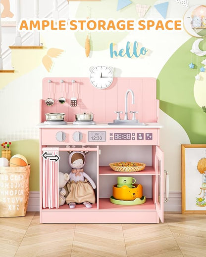 MAMIZO Kids Kitchen Playset with Ample Storage, Interactive Play Kitchen with Simulated Gas Cooker, Clicking Knobs, Sink, Faucet, 6 Pcs Cookware, Educational Clock for Toddlers (Pink)
