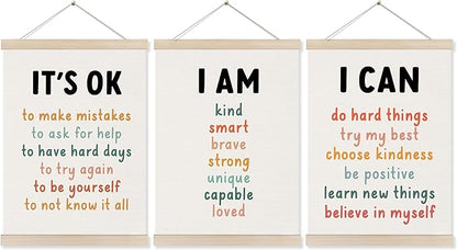 Inspirational Classroom Wall Art Poster Hanger Frame 12x16 Inch Set of 3, Positive Affirmations for Kids, Motivational Canvas Pictures Prints Framed Wall Decor for Classroom Kids Room Playroom