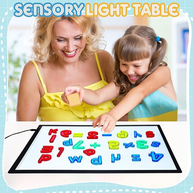 LED Light Panel for Kids and 268 Pcs Translucent Pattern Blocks Geometric Solids Colorful Plastic Letters and Numbers for Kids Sensory Play Exploration Counting Spelling Supplies