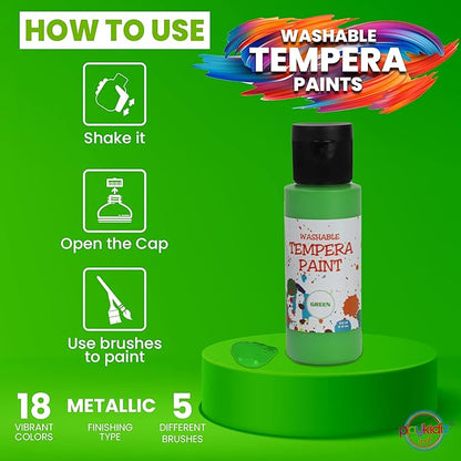 Washable Tempera Paints Set of 18 for children, Kids Non-Toxic Acrylic Paint, Kid Friendly, Kid Safe Paint Set, Includes Variety of Brushes, Color, Craft, Create and Party.
