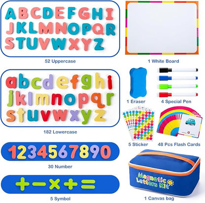 Sundaymot Magnetic Alphabet Letters Kit，310 Pcs with Magnetic Board and Organizer Bag, Upper and Lower Case Wooden Letters， Educational Toy Set for Classroom Kids Learning Spelling