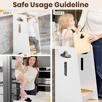 COSYLAND Toddler Standing Tower Adjustable Height - Super Stable Kids Kitchen Stool Helper - 3 Levels Adjustable Wooden Toddler Kitchen Stool (Natural & White)
