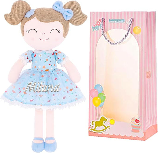 Gloveleya Personalized Doll with Embroidered Name - Floral Blue Custom Plush Doll for Girls Cute Plush Doll Customized Gift - Muñecas de Trapo Personalizadas para Niñas