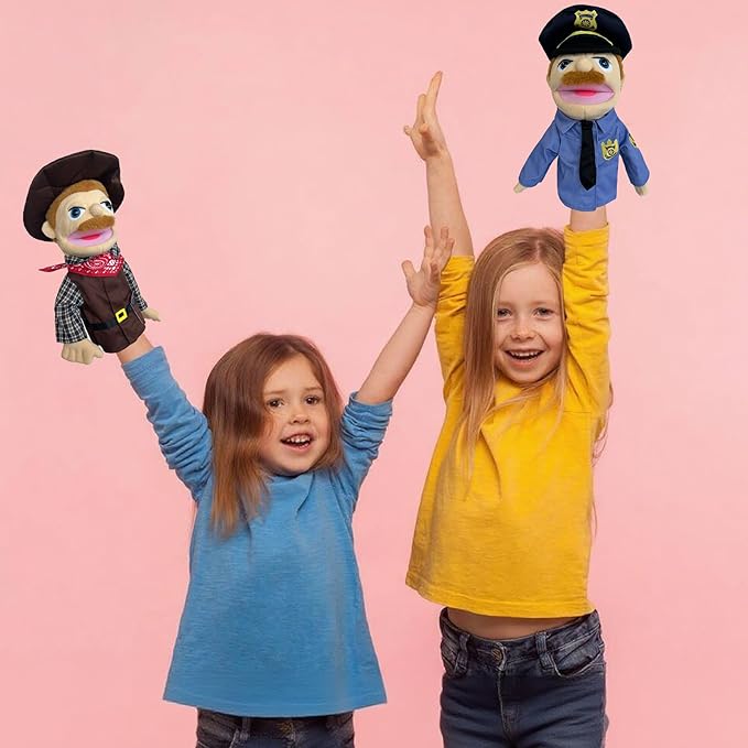 Hand Puppets Professional Characters, Police and Cowboy Role-Playing Storytelling Hand Puppet for Kids Age 4-8 Puppets with Movable Mouths and Control levers