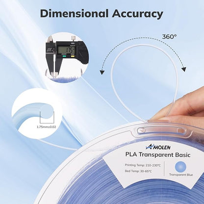 AMOLEN 3D Printer Filament Crystal PLA Translucent 1.75mm, Crystal Blue Clear Printing, Low Warping & No-Bubbles, Dimensional Accuracy +/- 0.02 mm, Fits Most FDM 3D Printers, 1kg Spool(2.2lbs)