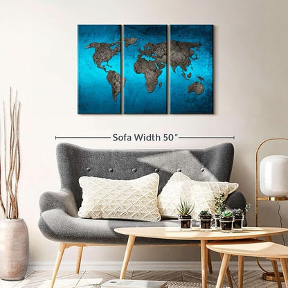ElephantStock Ocean World Map Multi Piece Canvas - 3 Panel Wall Decor - Map of the World Art - Canvas for the Office and Home - 38" X 24"