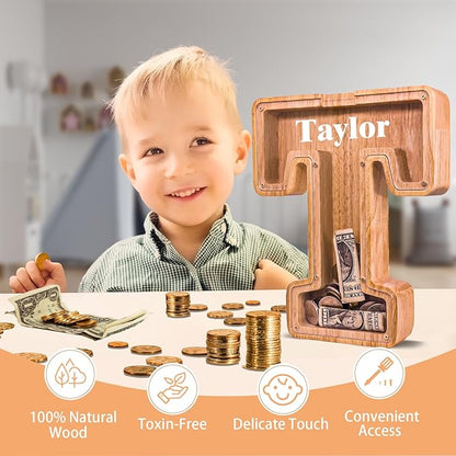 Wooden Letter Piggy Bank for Kids Larger Letter Piggy Bank for Boys and Girls Personalized Piggy Bank Initial Coin Bank Wood Kids Money Bank for Birthday and Festival