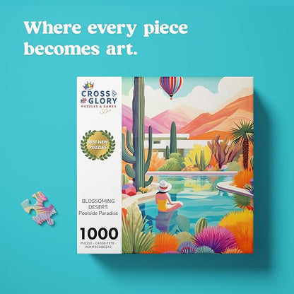 Cross & Glory Jigsaw Puzzles 1000 Pieces - Blossoming Desert: Poolside Paradise - 1000 Piece Landscape Puzzles for Adults | Vibrant Colors | Desert Cactus Succulent | 20x27 Inches | Adult Challenge