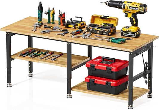72”Heavy Duty Work Bench, 2-Layer Adjustable Workbench, 5000 LBS Capacity Work Bench with Power Outlet & Pegboard, Rubber Wood Work Table for Garage, Workshop, Office, Home