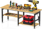72”Heavy Duty Work Bench, 2-Layer Adjustable Workbench, 5000 LBS Capacity Work Bench with Power Outlet & Pegboard, Rubber Wood Work Table for Garage, Workshop, Office, Home