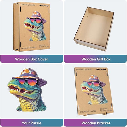 Wooden Puzzles for Adults, Glasses Crocodile Jigsaw Puzzles 200 Pieces Animal Unique Shaped Wood Cut Puzzle Gifts for Adults and Kids, Family Puzzle Games