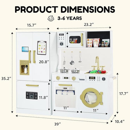 Play Kitchen Sets for Kids, Pretend Wooden Kids Kitchen Playset, Interactive Toy Kitchen with Freezer, Washing Machine, Ice Maker & Large Storage Space, for Boys Girls Ages 3+, White