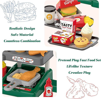 Kids Fast Food Pretend Play Set with Realistic Coffee Maker, Card Reader, Cash Register, Play Food (Burger, Fries, Sandwich), Play Money - Educational Toy Kitchen for Ages 3+