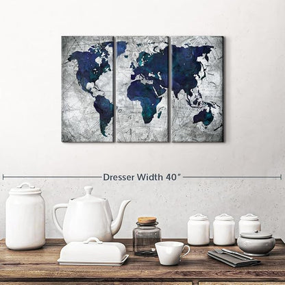 ElephantStock Deep Blue World Map Multi Piece Canvas - 3 Panel Wall Decor - Map of the World Art - Canvas for the Office and Home - 23" X 14"