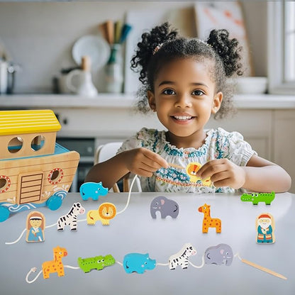 Toddlers Wooden Noah's Ark Toy Animal Playset, Shape Sorter Early Learning Montessori Toys, Baptism Gifts for 3 Boys Girls Kids