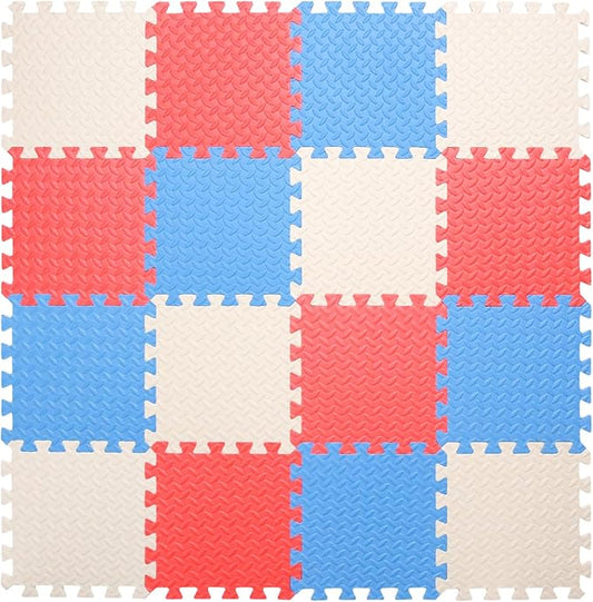 Foam Play Mat for Baby, 0.4 Inch Thick Foam Interlocking Floor Mats, Soft Non-Toxic Baby Playmat, Solid Colored Puzzle Play Mat Kids Floor Mats for Toddler, 16 Tiles(White/Red/Blue)
