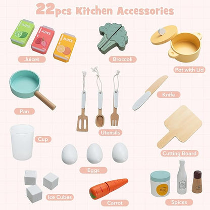 Costzon Corner Kitchen Playset, Kitchen Toy Set w/Real Lights & Sounds, Large Fridge, Ice Maker, Oven, Microwave, Washer, Trash Can & 22 Accessories, Wooden Pretend Play Kitchen for Kids 3+ (Pink)