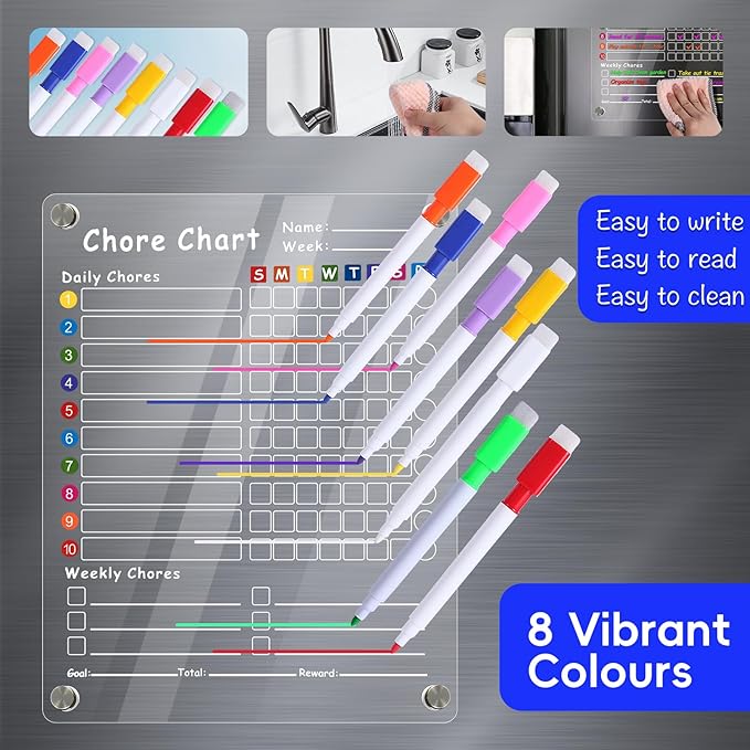 2Pcs Acrylic Magnetic Chore Chart for Kids & Adults, 12"x9.5" Clear Dry Erase Reward Board - Behavior and Responsibility Refrigerator Chart for at Home Multiple Kids, Teens(w/ 8 Markers & Towel)