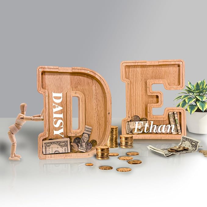 Wooden Letter Piggy Bank for Kids Larger Alphabet Letter Bank for Boys Initial Coin Bank Personalized Piggy Bank Wood Money Save Box for Birthday and Festival-Upgrade 9"" E Piggy Bank
