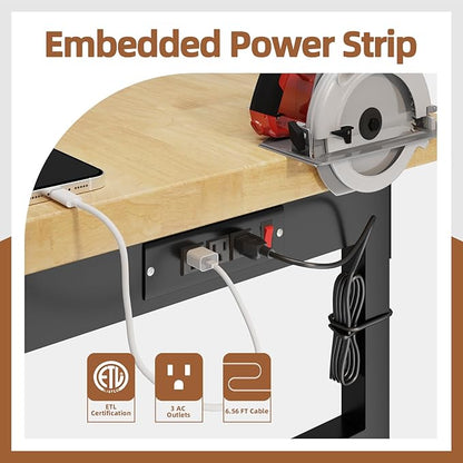60" Adjustable Workbench, Work Bench Table with Power Outlet, Metal Tool Bench Work Bench for Garage, Large Load Capacity Garage Workbench for Workshop,Office,Home