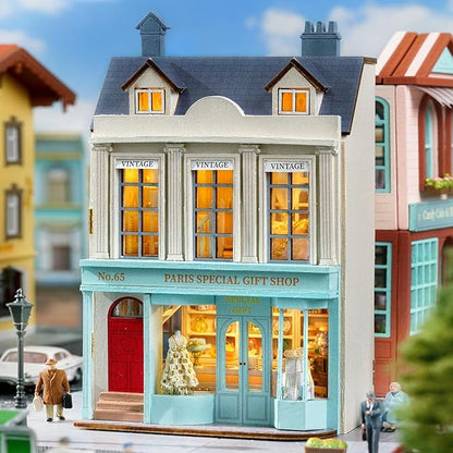 DIY Miniature House Kit, CUTEROOM Wooden Dollhouse Kit Mini House Making Kit with Furnitures, DIY Dollhouse Kit Birthday Gift for Women and Girls (Gift Shop)