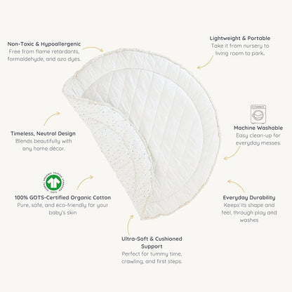 MakeMake Organics Organic Play Mat GOTS Certified Organic Cotton Nursery Floor Machine Washable Reversible Non Toxic Activity Mat Tummy Time Crawling Pad Thick Quilted (Round 48", Dotty + Solid Ivory)