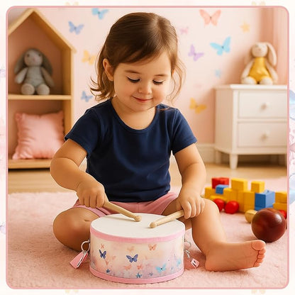 Boao 1 PC Kids Drum Set, 8 Inch Toddler Drum Wooden Toy with Adjustable Strap and 2 Drumsticks, Educational Sensory Musical Instrument for Toddlers Kid Baby Boys Girls Gift(Butterfly)