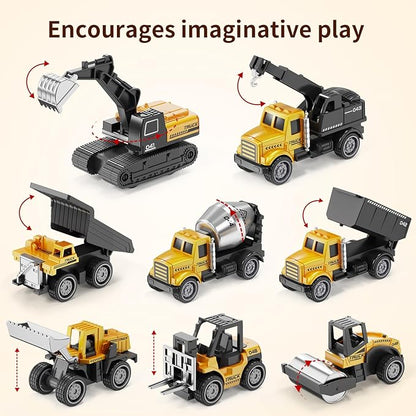 HONGTUO Alloy Mini Construction Vehicles, 8Pcs Die-cast Construction Toys Set, Excavators Mixer Truck Bulldozers Forklift Dump Truck, Pull Back Car Toys for Toddlers Kids Boys & Girls