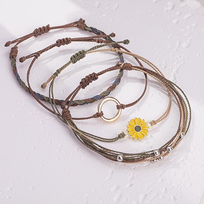 FANCY SHINY Sunflower String Bracelet Boho Braided Rope Wrap Bracelets Cute Summer Beach Surfer Jewelry for Women Christmas Gifts