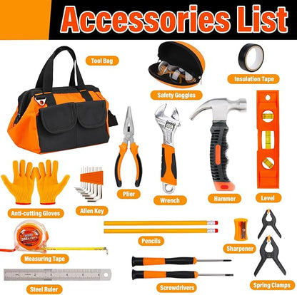 27-Piece Orange Kids Tool Set with Tool Storage Bag, Real Hand Tool Kit for Boys & Girls, Children Learning Tools for DIY Building, Woodworking and Construction, 6+ Years Old Birthday