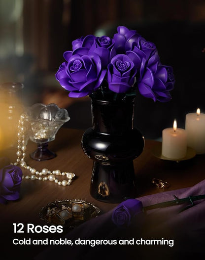 iATOM Purple Rose Bouquet Building Set, Artificial Flowers Botanical Collection for Adults Women, Gift for Halloween & Valentines Day - Gothic Home Office Table Centerpiece Decor - IA11017