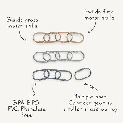 mushie Baby Chain Link Rings Toy 12 Count | Multiuse Car Seat Stroller Connecting Toy (Natural, Stone, Tradewinds)