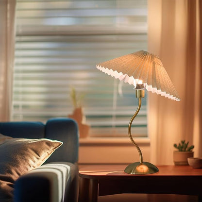 KUNJOULAM Small Pleated Table Lamp, Bedside Nightstand Lamp with Beige Lampshade, Morden Mini Lamp for Bedroom Home Office Decor, E12 Bulb Included