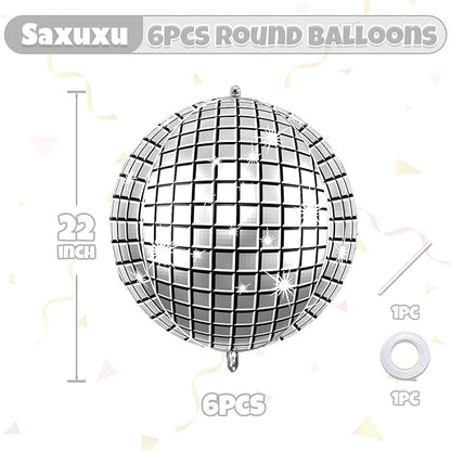 6Pcs Giant 4D Disco Ball Balloons, Sparkle Silver Disco Party Decorations, 22 Inch Round Foil Balloons for NYE 2025 Birthday Party Baby Shower Wedding Decorations