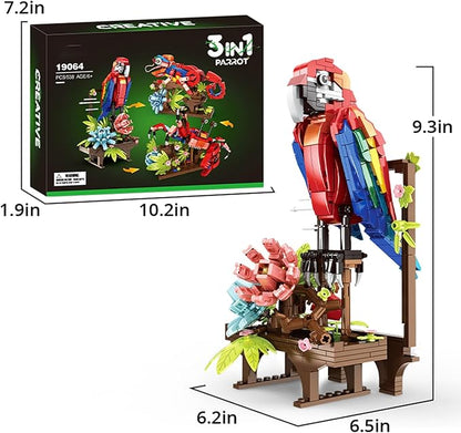 3 in 1 Parrot Building Block Set, Creative Animal Flower Construction Toy for Kids, Transform into Parrot, Chameleon & Crab Figures – Ideal for Home Decor & Creative Gifts