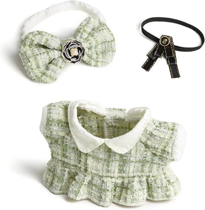 17cm Doll Clothes for Labubu- Luxury Chic Style Set for 17cm Dolls Outfit - Accessories for Dolls Clothes -Green Plaid Tweed Dress + Black Necktie + Green Bow (No Doll)