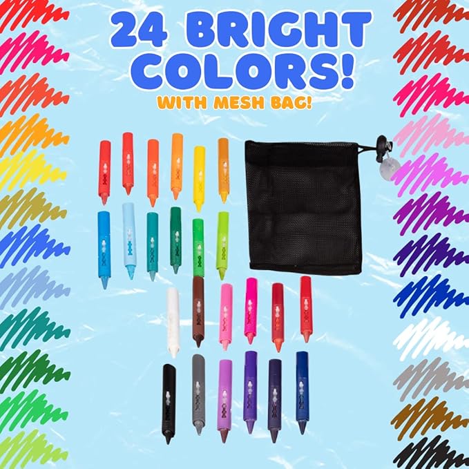 Bath Crayons Super Set - Set of 24 Draw in the Tub Colors with Bathtub Storage Mesh Bag -Non-Toxic, Safe for Children, Won't Disintegrate in Water -Art Project for Kids and Toddlers, Fun Gift for Kids