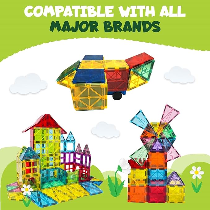 Magnetic Tiles 180 PCS with 2 Cars - STEM Building Blocks for Kids,Safe Magnatiles for 3+ Preschool Toddlers, Educational Gift for Boys & Girls