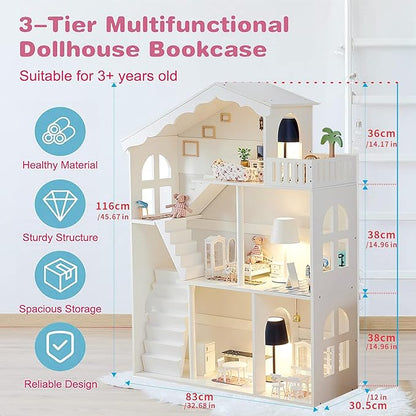 Wooden Dollhouse Bookshelf 3-Tier Doll House Bookcase Kids Books Toys Dolls Storage Organizer Shelves for Children's Bedroom Playroom Kindergarten Nursery Gift for Boys Girls Ages 3-8 Years Old