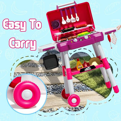 Kid Toy Grill, BBQ Grill Playset with Light Sound, Smoke Effect and 2 Wheels, Pretend Food, Little Chef Play Kitchen Accessories, Birthday for Boys Girls Ages 3 4 5 6 7 8