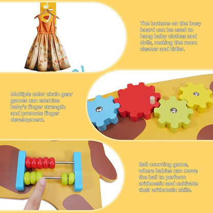 Activity Wall Panels for Toddlers,7 Activities Multifunctional Busy Board Wooden Wall Activity Center,Giraffe Height Ruler - Children’s Early Education Sensory Exercises-Kids Room Decor for Play