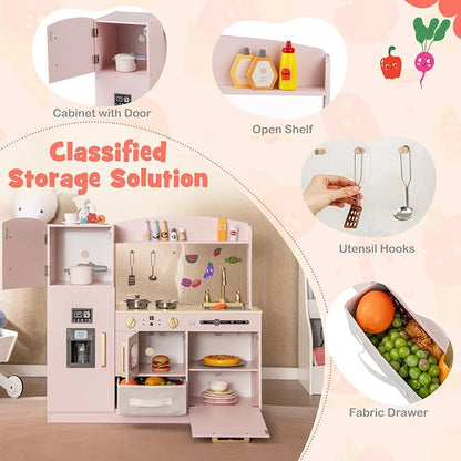 Costzon Kids Kitchen Playset, Wooden Pretend Play Kitchen w/Real Lights & Sounds, Chalkboard, Microwave, Ice Maker, Dishwasher, Sink, Cookware Accessories, Play Kitchen for Kids Ages 3+ (Pink)