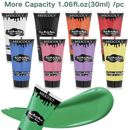MEICOLY 9 Colors Face Body Paint Set,1.01x9oz/Box,Water Based Washable Face Paint for Adult Kid,Elphaba Green Face Paint,Safe Body Paint for Skin,Red White Blue Face Painting Kit for Halloween Makeup