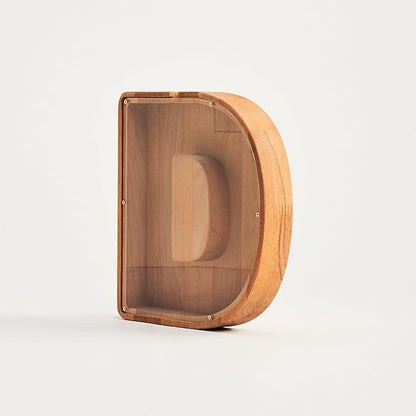 Personalized Wooden Piggy Bank – Custom Letter D Coin Bank in Beech Wood with Clear Acrylic Front, Engraved Name Option, Money Saving Box for Kids and Adults
