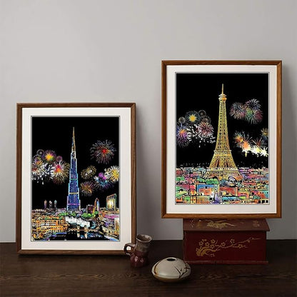 Scratch Art for Kids & Adults, Rainbow Engraving Painting Landscape Scratchboard(A4) Crafts Set: 8 Sheets 4 tools - Fireworks, Big Ben, Tower Bridge, Cristo Redentor, Ferris Wheel(Landmark Building)