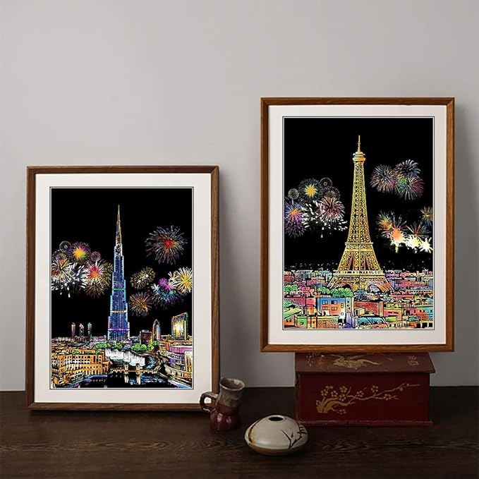 Rainbow Scratch Art Painting Paper (A4) for Adult & Kids, Night View Scratchboard, Engraving Art Set: 4 Sheets Scratch Cards & Clean Brush, Drawing Pen (Eiffel Tower/Big Ben/Moscow/Burj Khalifa)